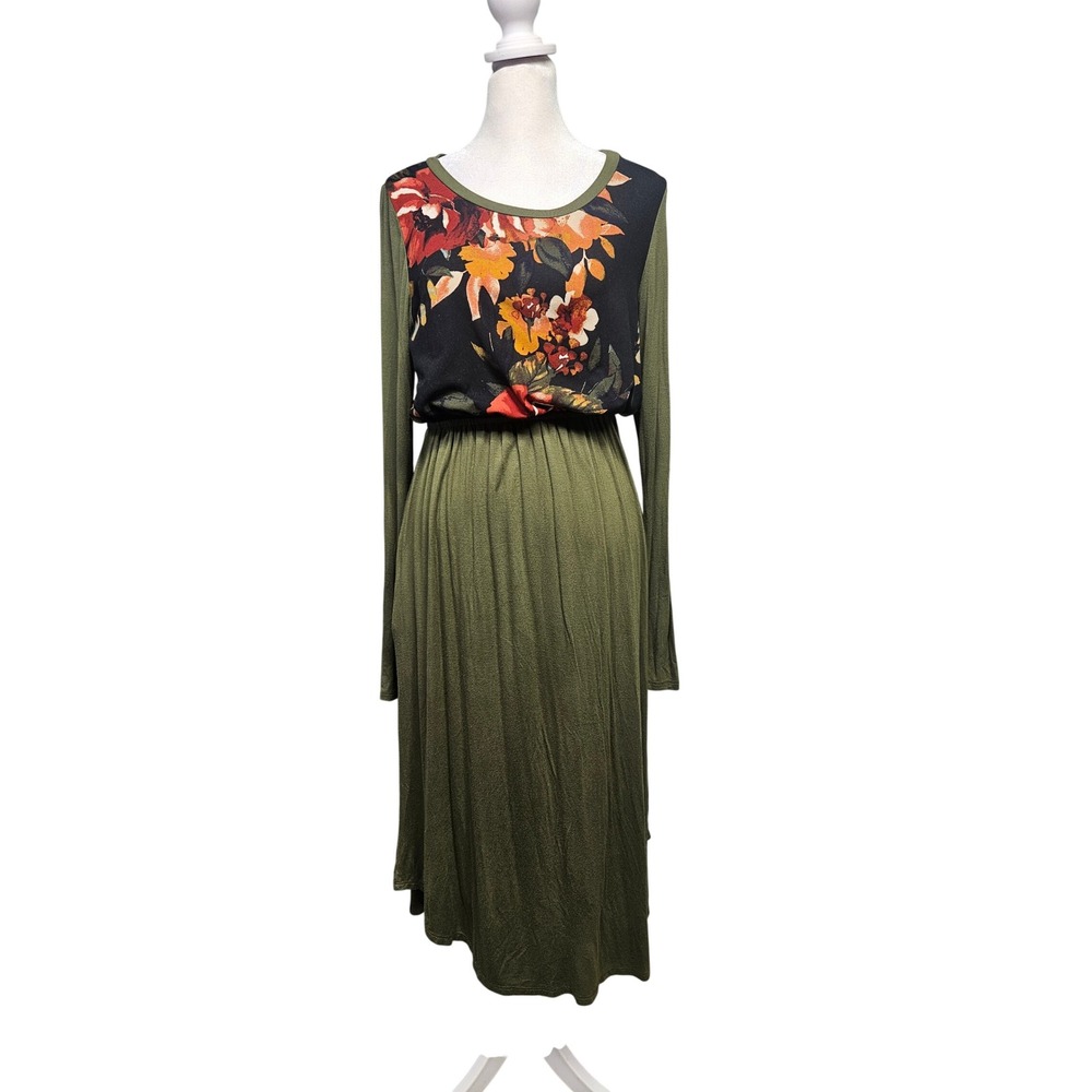 Reborn J Womens Olive Green Floral Contrast Long Sleeve Pocket Midi Dress Medium